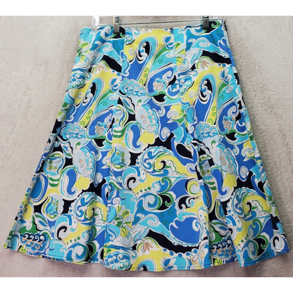 NY Collections A Line Skirts Women's Medium Blue Floral Print Cotton Side Zipper - Picture 1 of 4